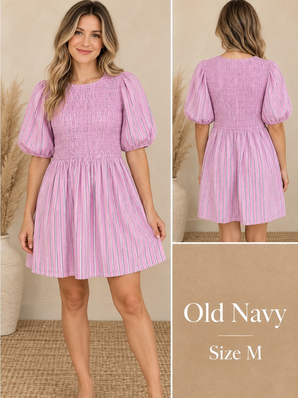 Old Navy Lavender Striped Smocked Puff-Sleeve Dress
